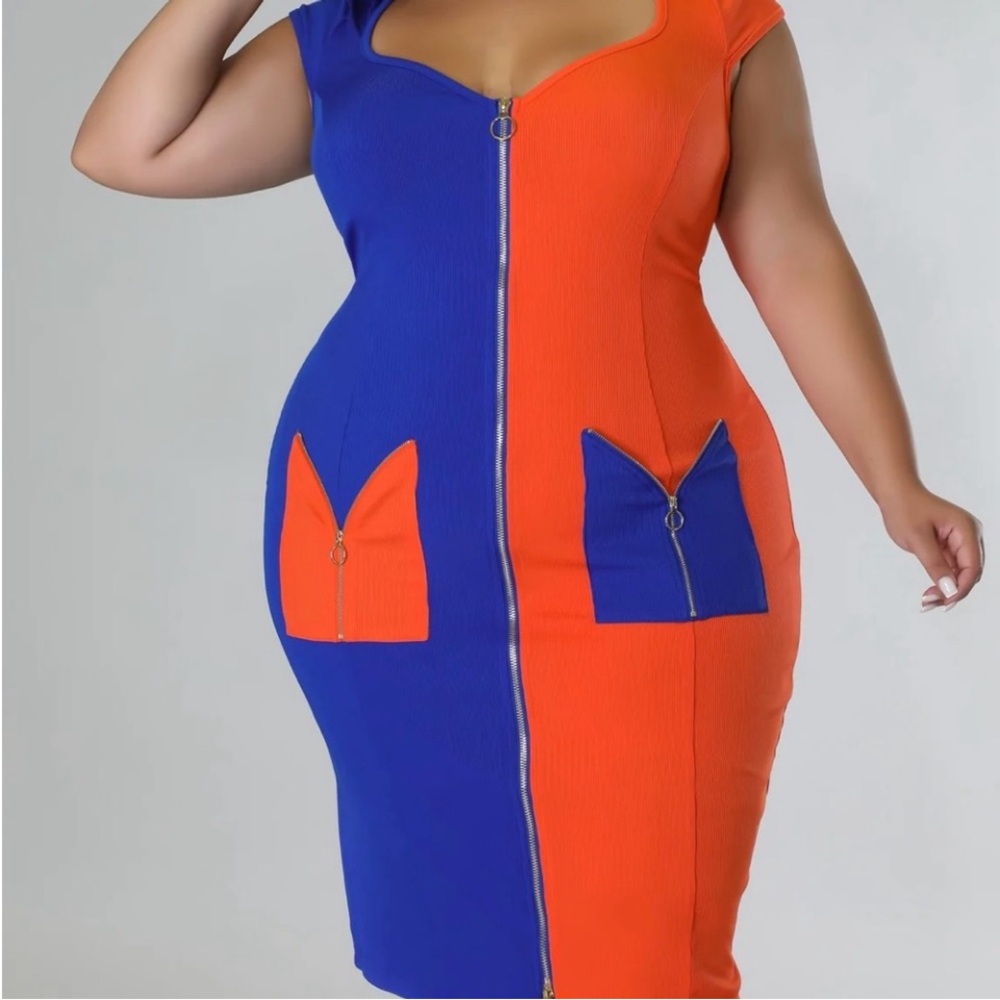 Vibrant Orange and Blue Zipper Dress